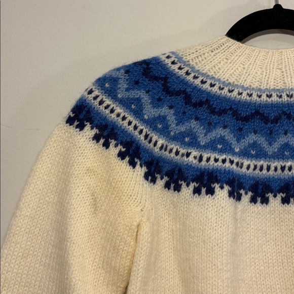 Handknit One of a Kind Handmade Cream + Blue Fair Isle Norwegian Style Cardigan - Picture 8 of 16